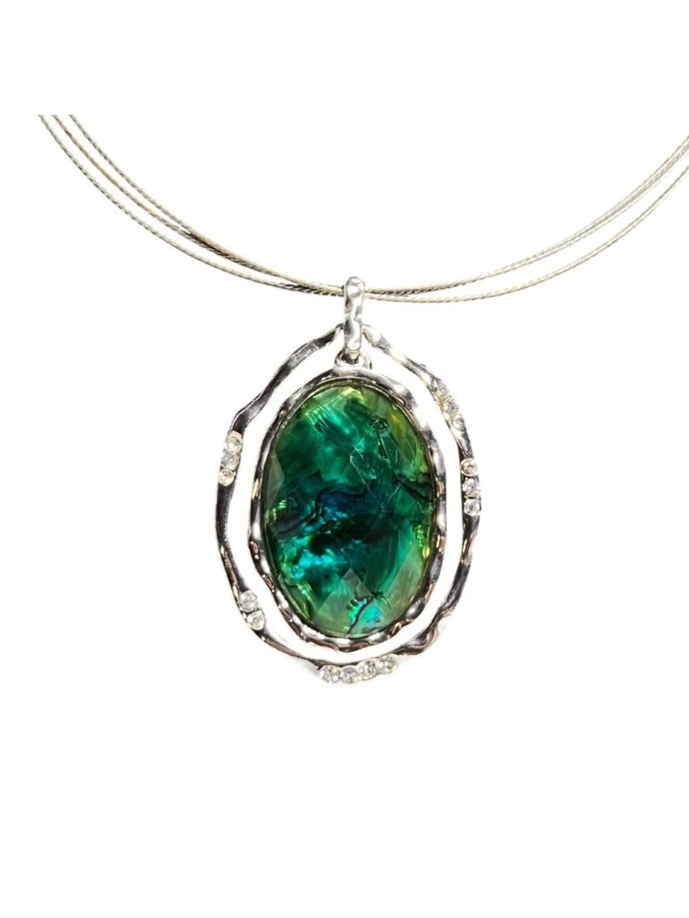 Jones New York 3 Strand Silver Tone Wire Necklace W/ Green Pendant (6346-1-2) - Picture 2 of 7